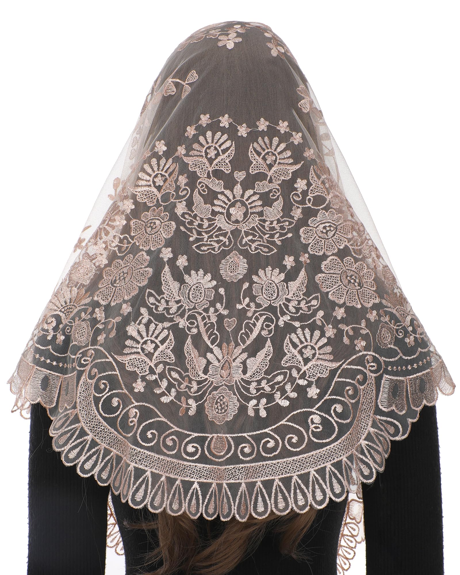 Triangle Catholic Chapel Mantilla Veils - Short Camellia Embroidery Triangle Mantilla Veil: Sacred Heart Embroidery, Camellias  main image 4
