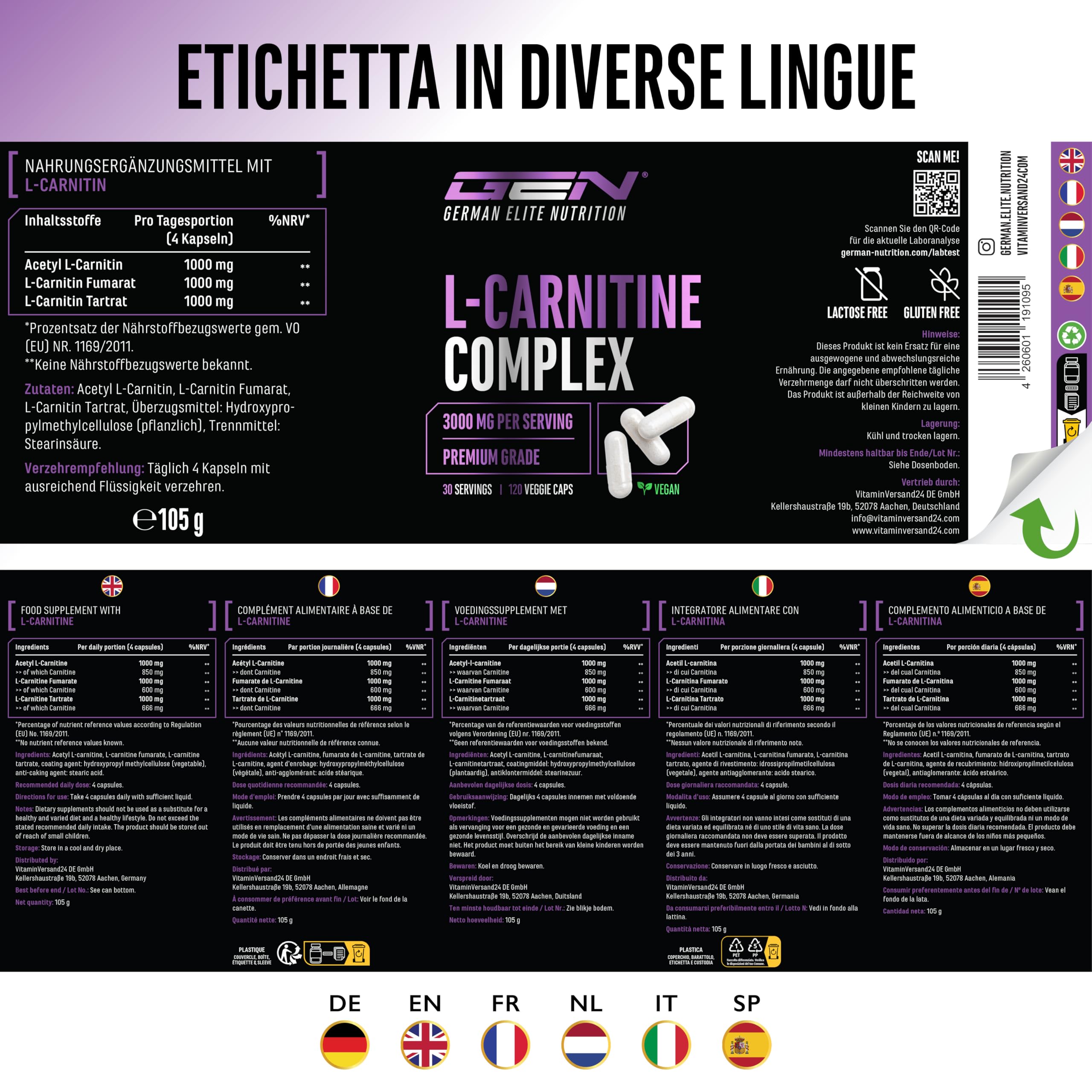 L-Carnitina Triplo Complesso 3000 mg per porzione giornaliera 120 capsule ad alto dosaggio vegano formula premium