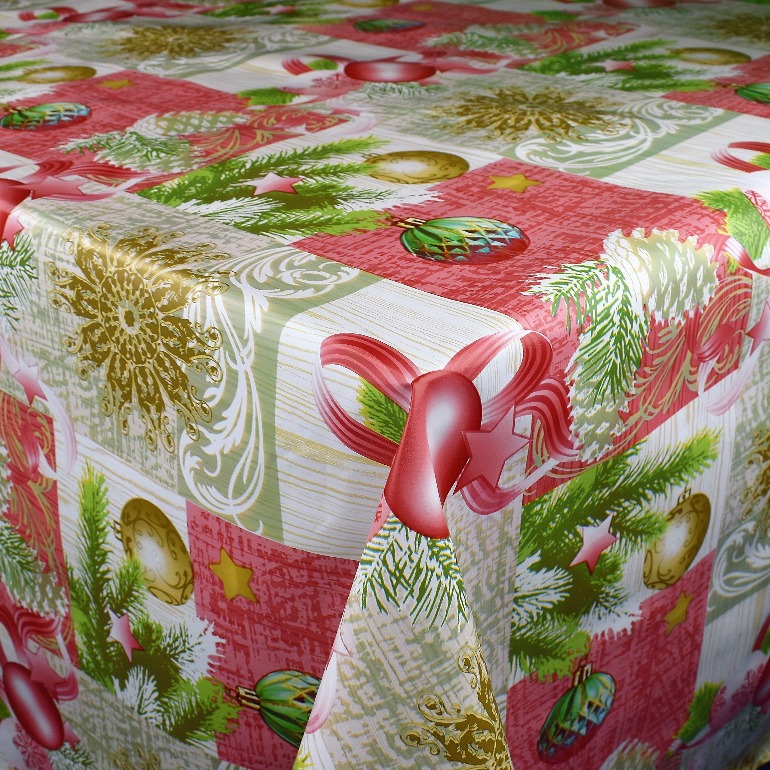 KEVKUS P848-2 Nappe en Toile cirée au mètre Motif Boules de Noël, Bord : Bordure (crochetée), Multicolore, 140 x 300 cm eckig