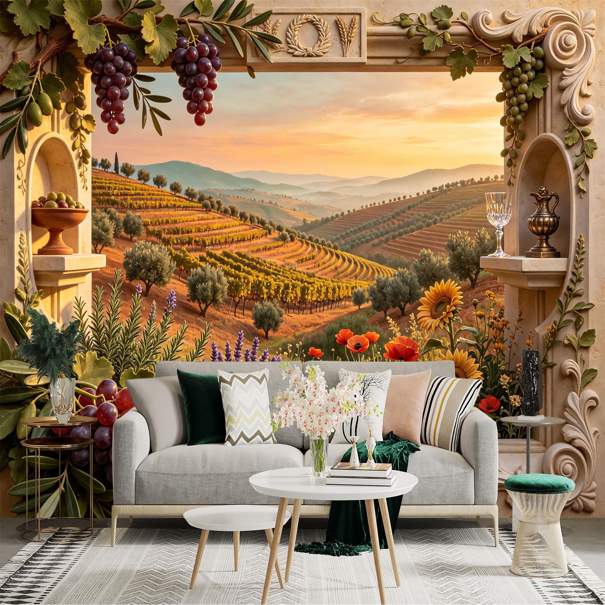 Lnzczhyre Bh260719645 Custom Size Wall Sticker Mural， Vineyard Landscape With Grapes And Sunflowers， Rustic Window View， Mediterranean Farm， For Wall Decoration， Peelandstick Wall Decals.
