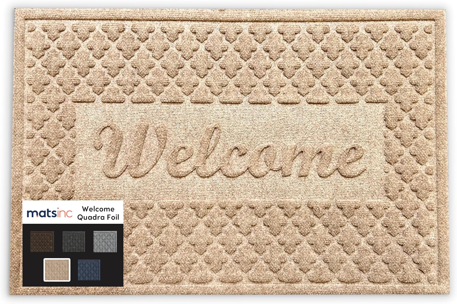 MATSINC Artisan Entry Front Door Mat - Rubber Back Indoor Outdoor with Quadra Foil Welcome Design, Water Absorbing Welcome Mat, Front Door Outside Entrance, Made in The USA, 2' x 3'(Taupe)