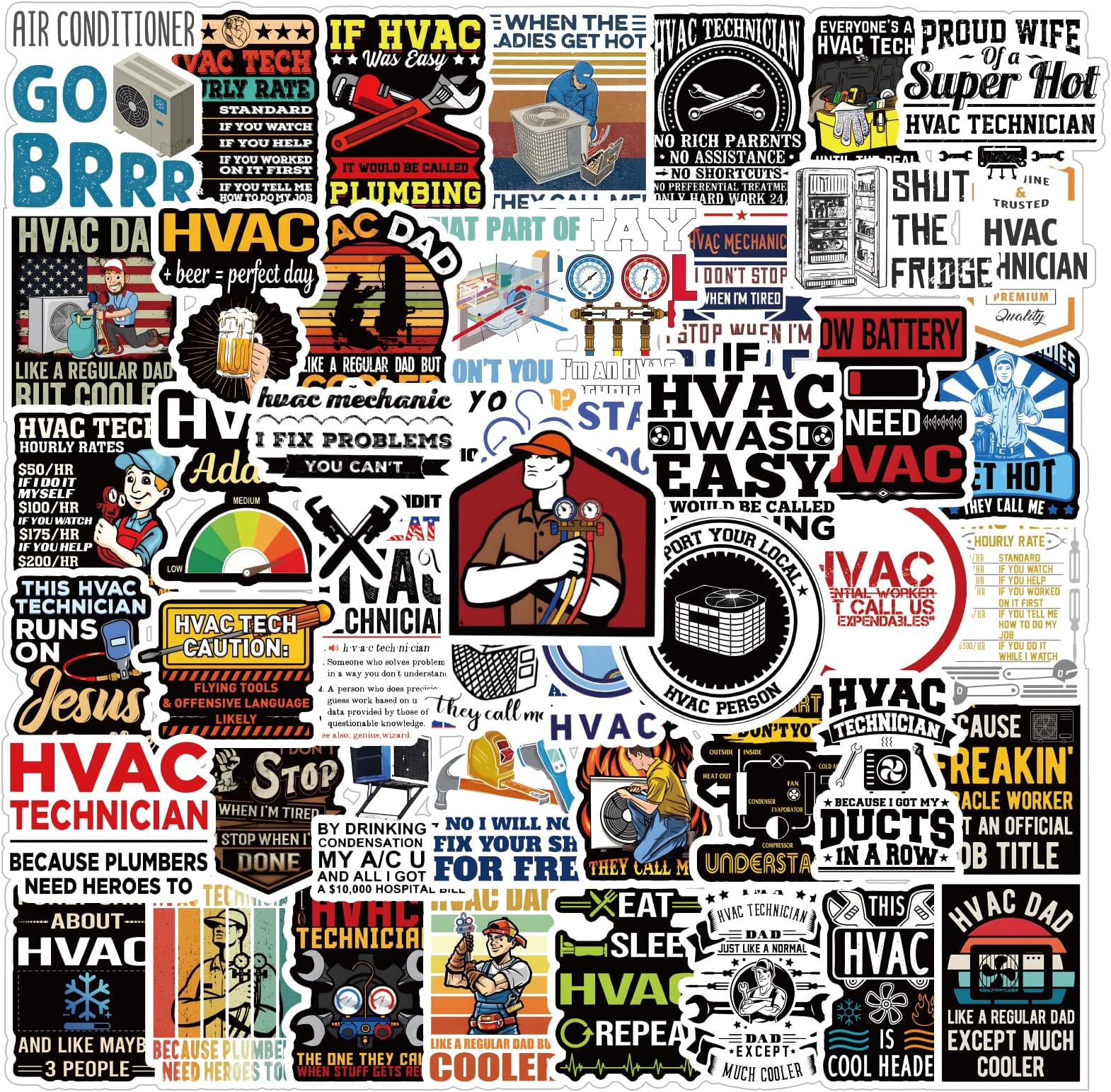 56pcs HVAC Stickers Decals Pack，Cute Cartoon Stickers Vinyl Reusable Non-Repeating Waterproof Vinyl Decals，for Water Bottle Phone Laptop Guitar Scrapbook Skateboard Luggage