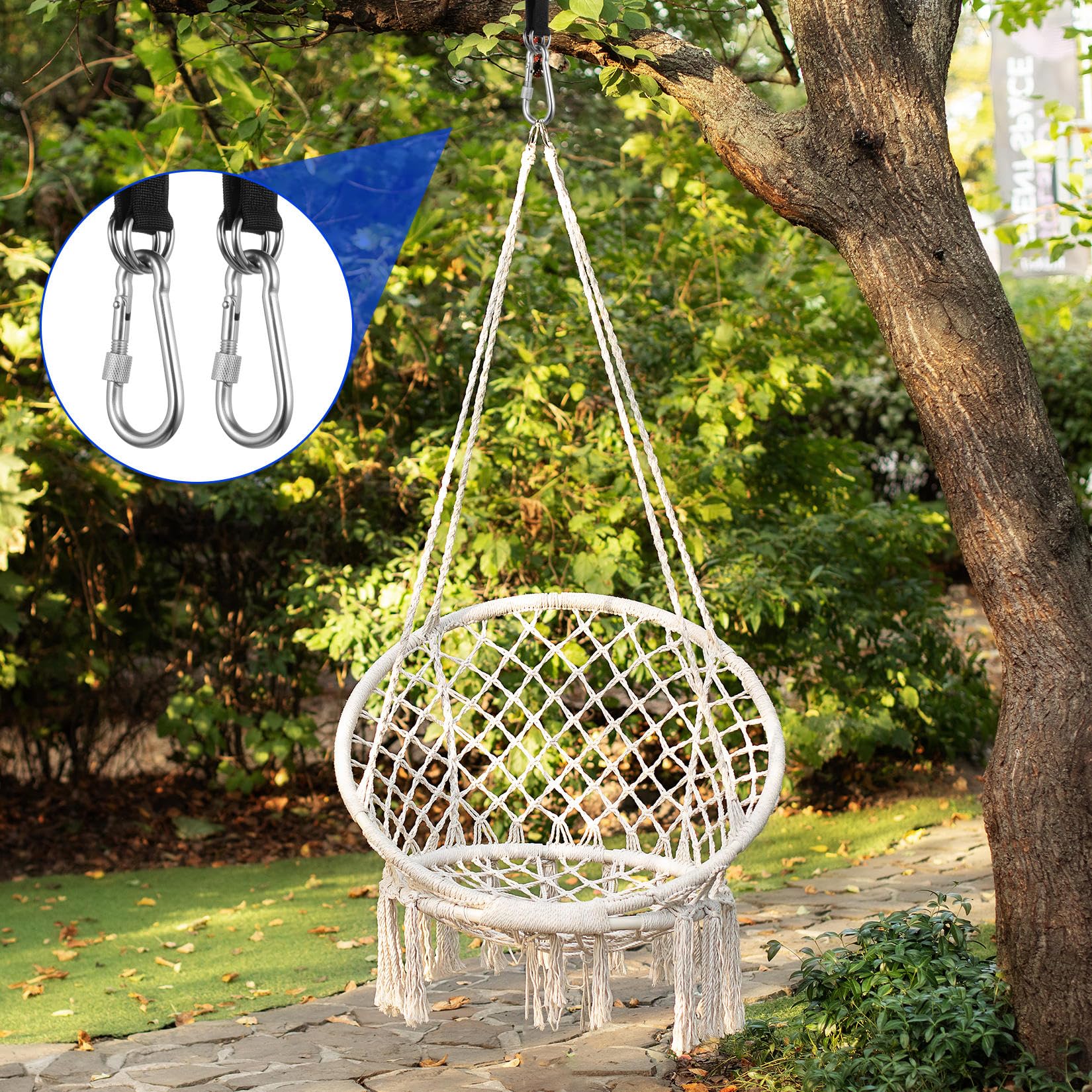 2 Pezzi Cinghie Amaca 50 cm × 25 mm, Fissaggio per Altalena, Kit di Cinghie per Appendere con 2 Moschettoni e Anelli a D, Cinghie per Amaca all'Aperto, Set di Swing Hanging