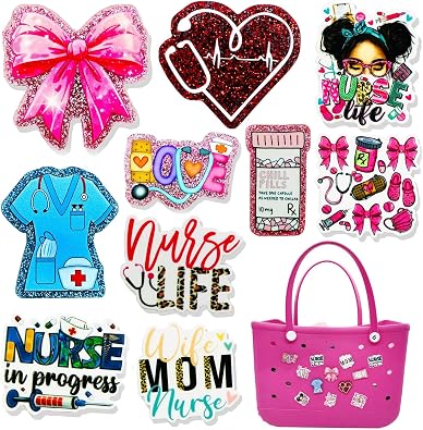 10Pcs Nurse Acrylic Glitter Charms for Bogg Bag | Nurse Themed Set with Sparkly Glitter Finish, Sweet & Playful Design, Snap-In for Bogg Bags & Beach Totes