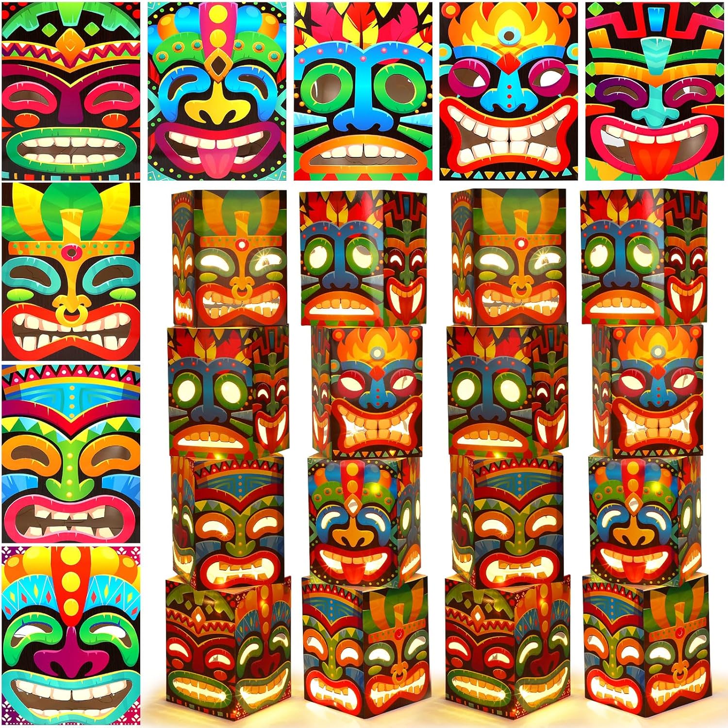 Janlaugh 16 Pcs Tiki Totem Box Decor with Light, Luau Party Decorations for Hawaiian Birthday Party Tropical Aloha Decor 9.84 x 7.09 Tiki Lighted Gift Boxes for Garden Patio Porch Outdoor Decor