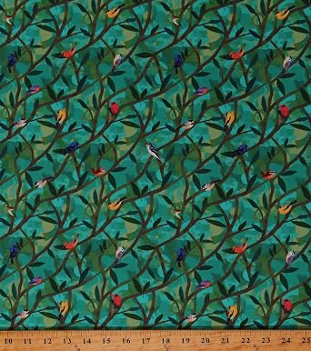 Cotton Wild North Windham Fabrics Branches Birds Animals Green Cotton Fabric Print by The Yard 53935D-2