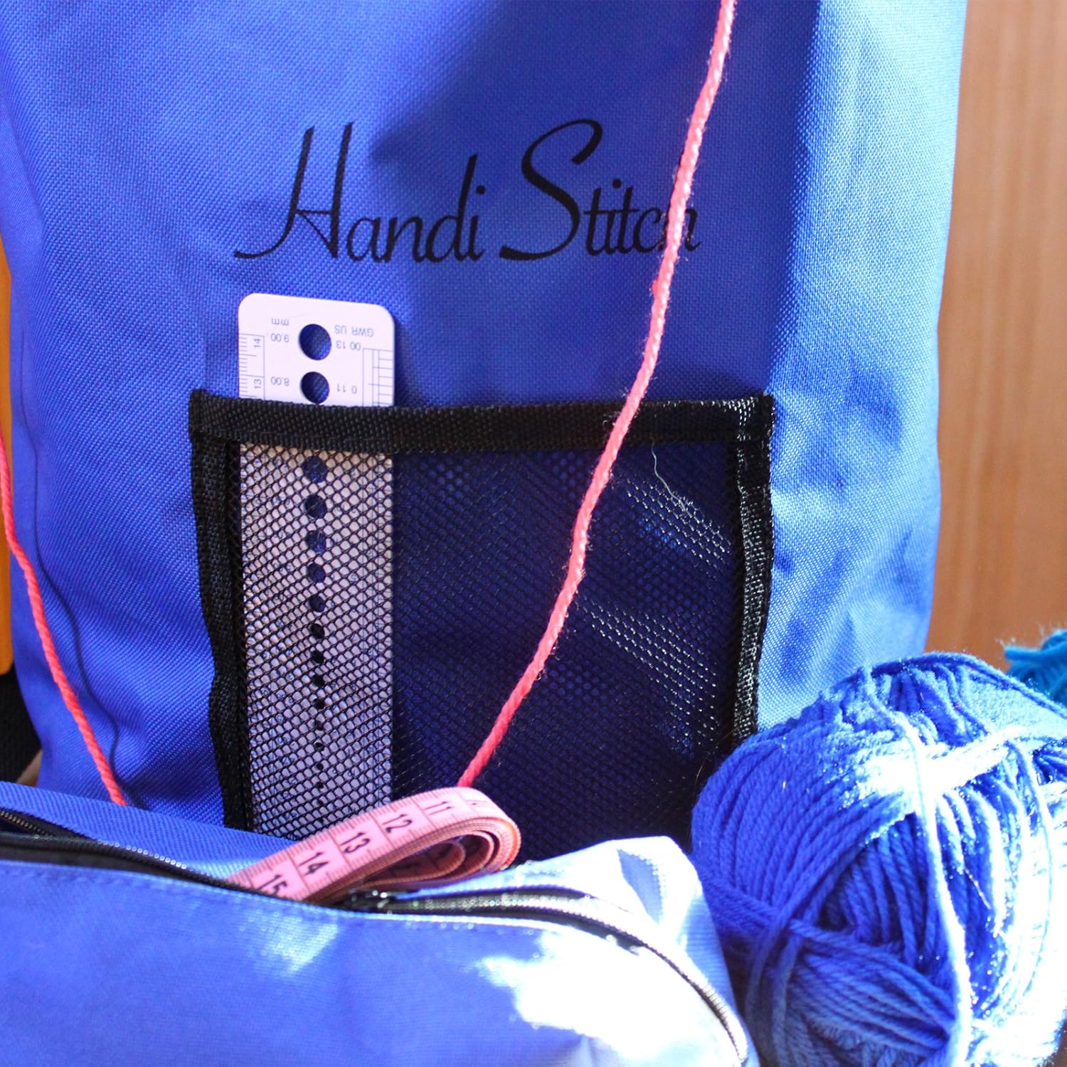 HANDI STITCH Lightweight Knitting Yarn Storage Bag, Tote Organizer, Knitting Bag, Yarn Holder with Pockets/Protect and Store Yarn, Crochet Hooks, Needles and Wool - Knitting Tote Bag Blue