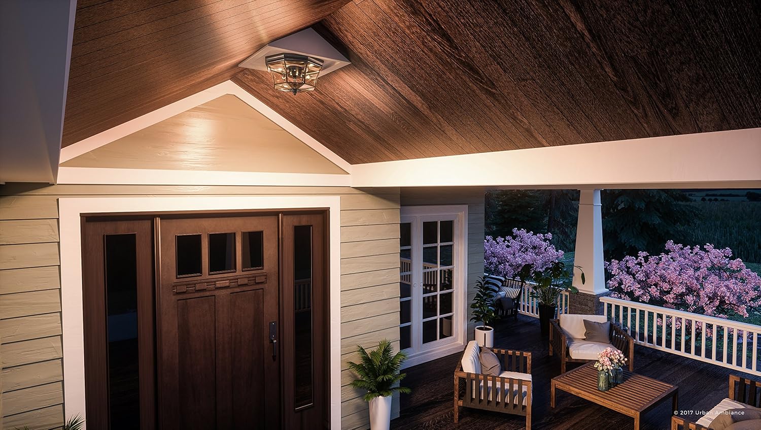 Urban Ambiance Luxury Colonial Outdoor Ceiling Light, Medium Size: 8" H x 15.25" W, with Tudor Style Elements, Versatile Design, High-End Black Silk Finish and Beveled Glass, UQL1155