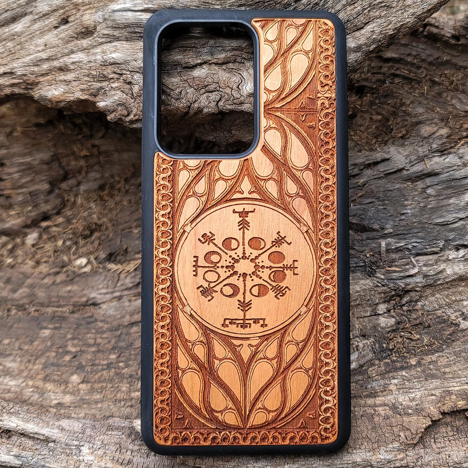 Norse Viking Vegvisir Moon Wood Phone Case Fits iPhone 17, 16, 15 Pro Max Mini & Galaxy S26, S25, S24 Ultra Plus