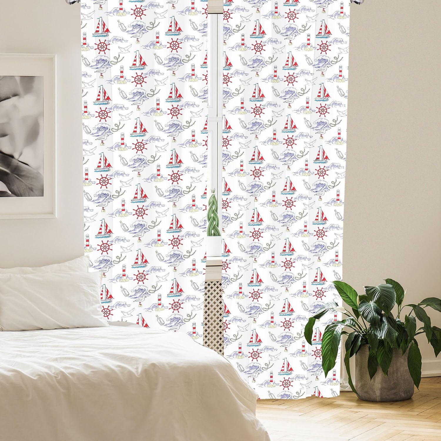 Lunarable Nautical Curtains, Boats Waves Ocean Theme Message in a Bottle Soft Tones Seagull, Window Treatments 2 Panel Set for Living Room Bedroom, Pair of - 28" x 63", Blue Vermilion