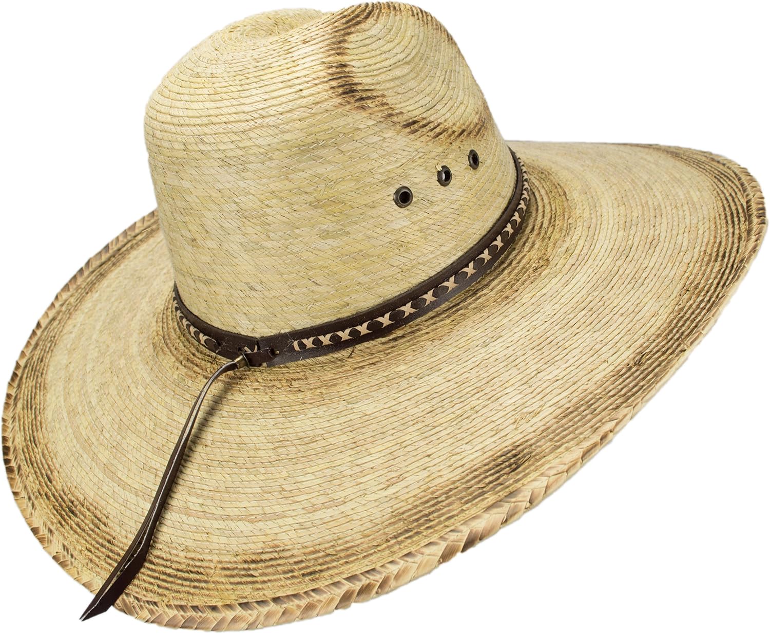 Sombreros de Hombre De Palma, Burnt Stain Big Brimmed Western Mexican Palm Leaf Sombrero Buffalo Bill Sharpshooter Cowboy Hat, Flex Fit Natural, Large
