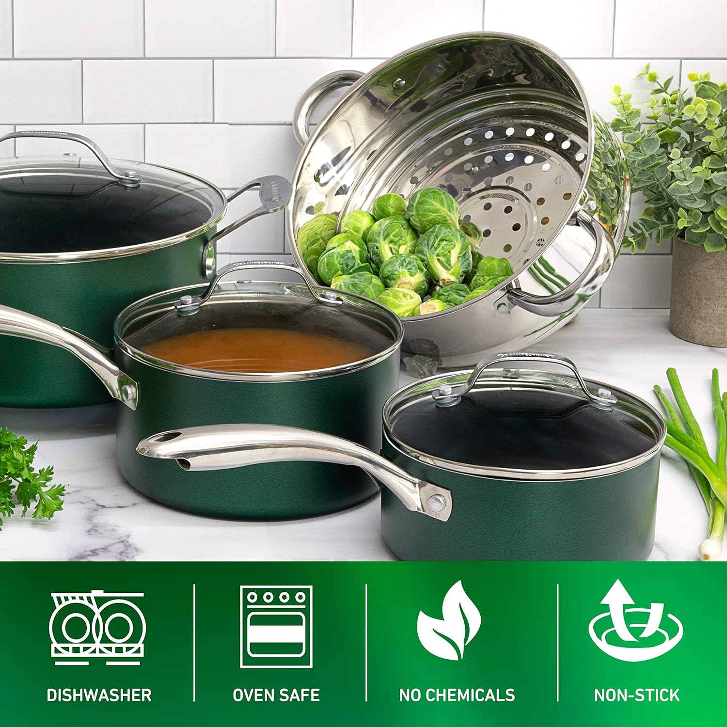 Granitestone Diamond Granite Stone Classic Emerald Pots and Pans Set with Ultra Nonstick Durable Mineral & Diamond Tripple Coated Surface, Stainless Steel Stay Cool Handles, 10 Piece Cookware, Green…