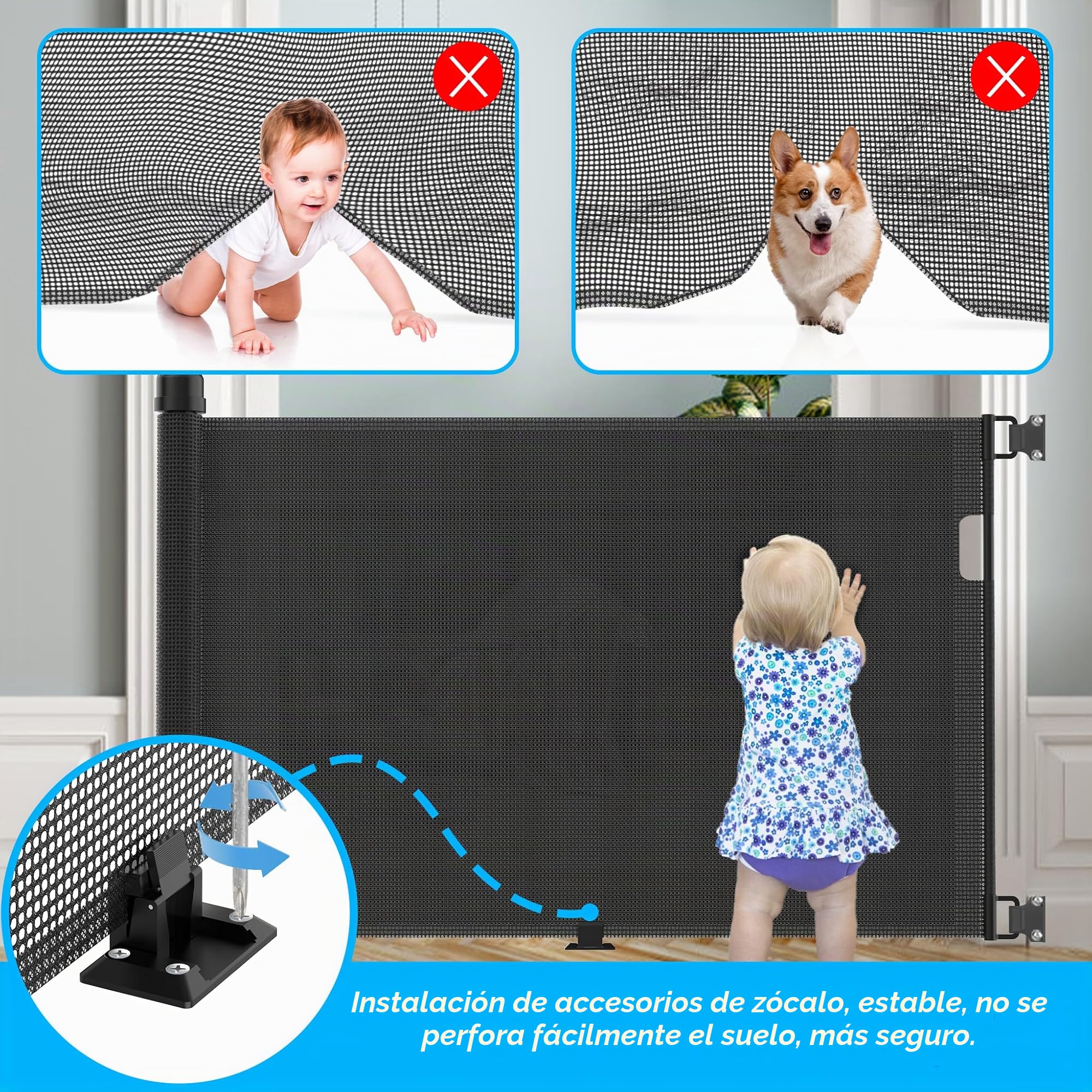 NAIZY - Barrera de protección de puerta enrollable de 0 a 300 cm, para bebé y perro, extensible para interior y exterior, color negro, LMZJ-HAG1394B
