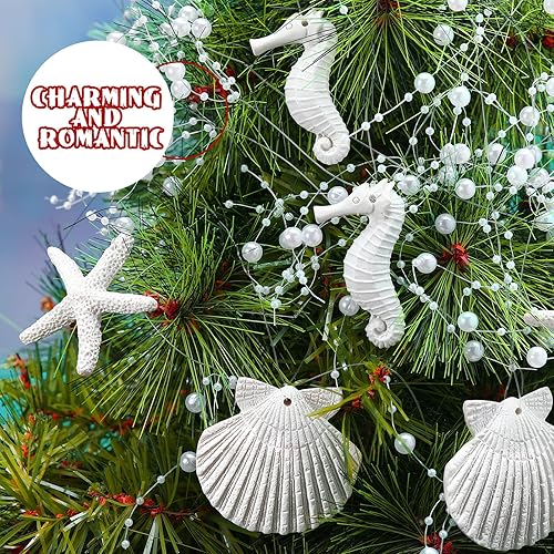 Miniatura 7 de Guirnalda de árbol de Navidad de 16.4 pies con cuentas de estrellas de mar y adornos de árbol de Navidad, guirnalda de cuentas costera, guirnalda