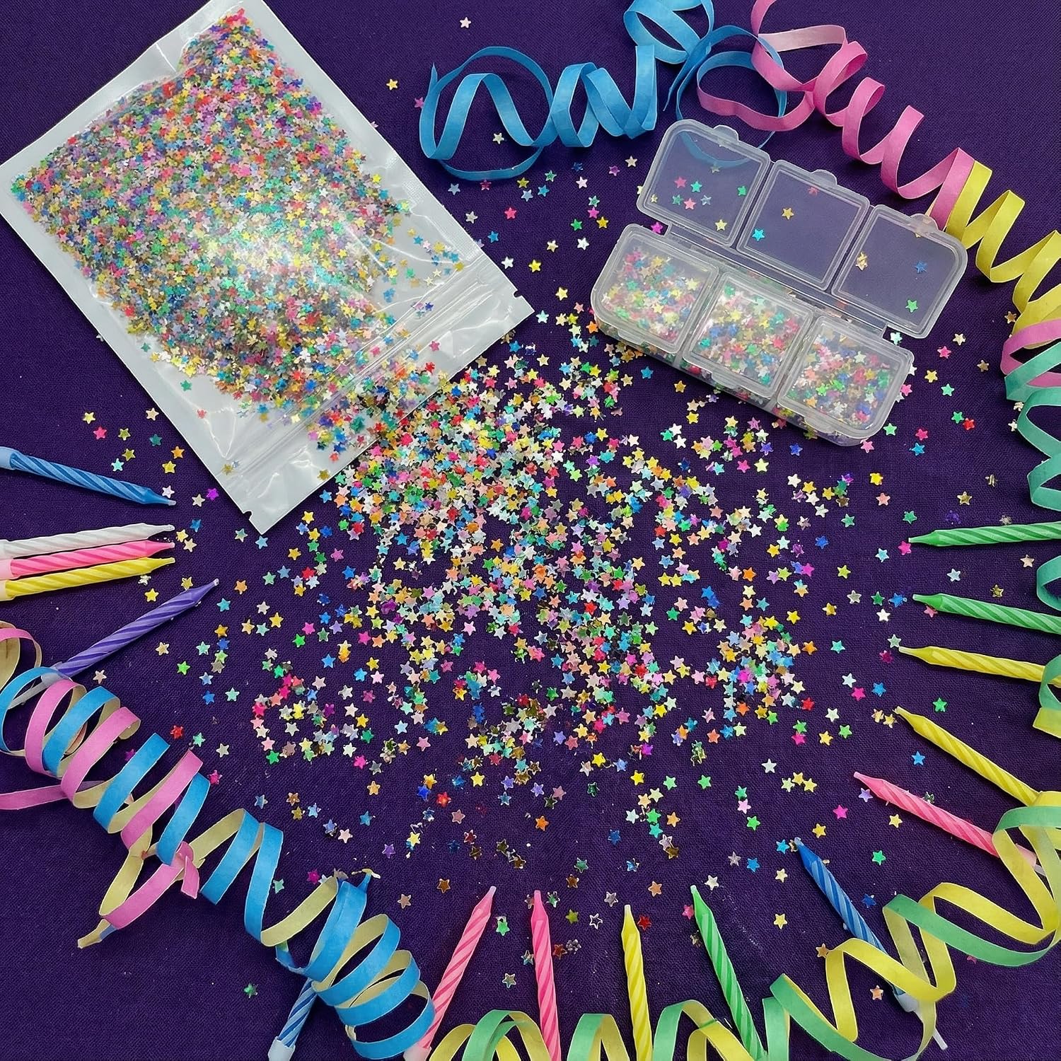 3mm Rainbow Star Glitter, 50g Holographic Sequins with Storage Box | 50g of 3mm holographic rainbow star sequins plus a 6-compartment box for resin, slime, nail art, cards and party crafts.