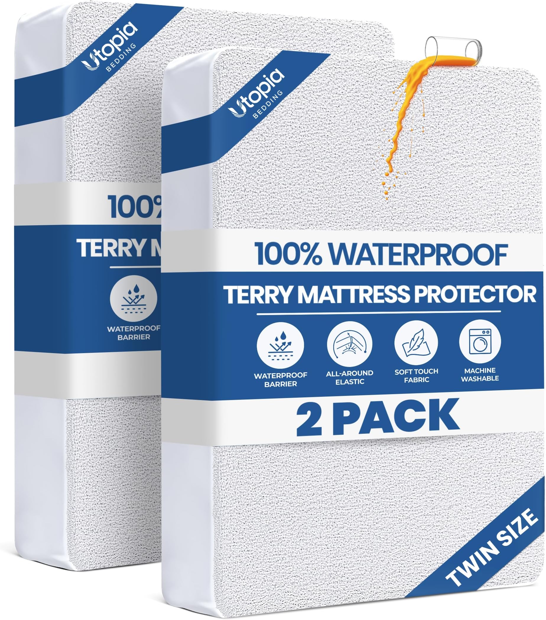 Twin Size Mattress Protector Waterproof 2 Pack, Premium 200 GSM Terry Mattress Cover, Soft & Breathable Bed Cover, Fitted Sheet Style Stretchable Deep Pockets 15" by Utopia Bedding (White)