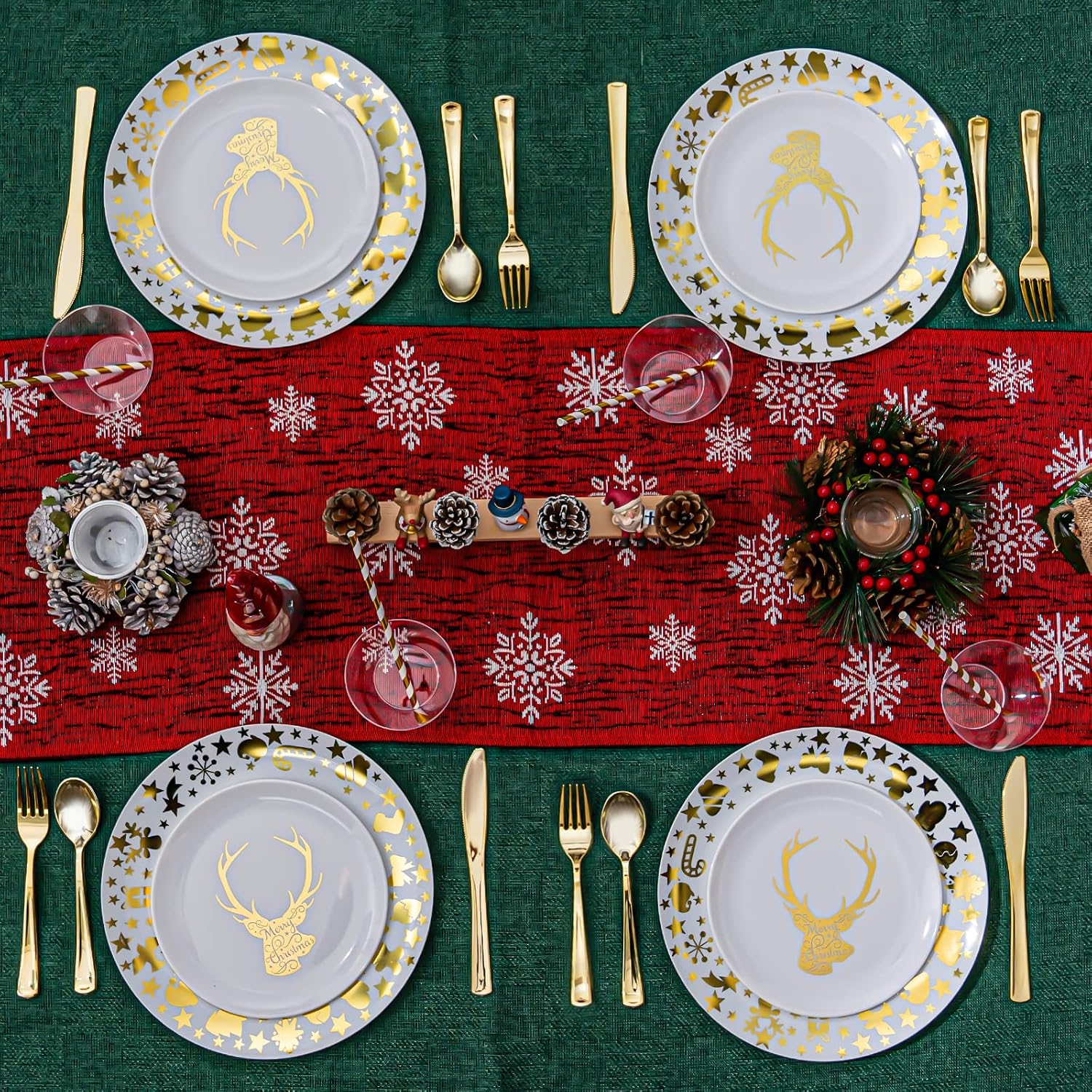 175 PCS Hard Plastic Christmas Plates Set for 25 Guests,Heavy Duty Disposable Dinnerware Set 25 White and Gold Dinner Plates,Dessert Plates,Spoons,Forks,Knives,Cups,Paper Straws
