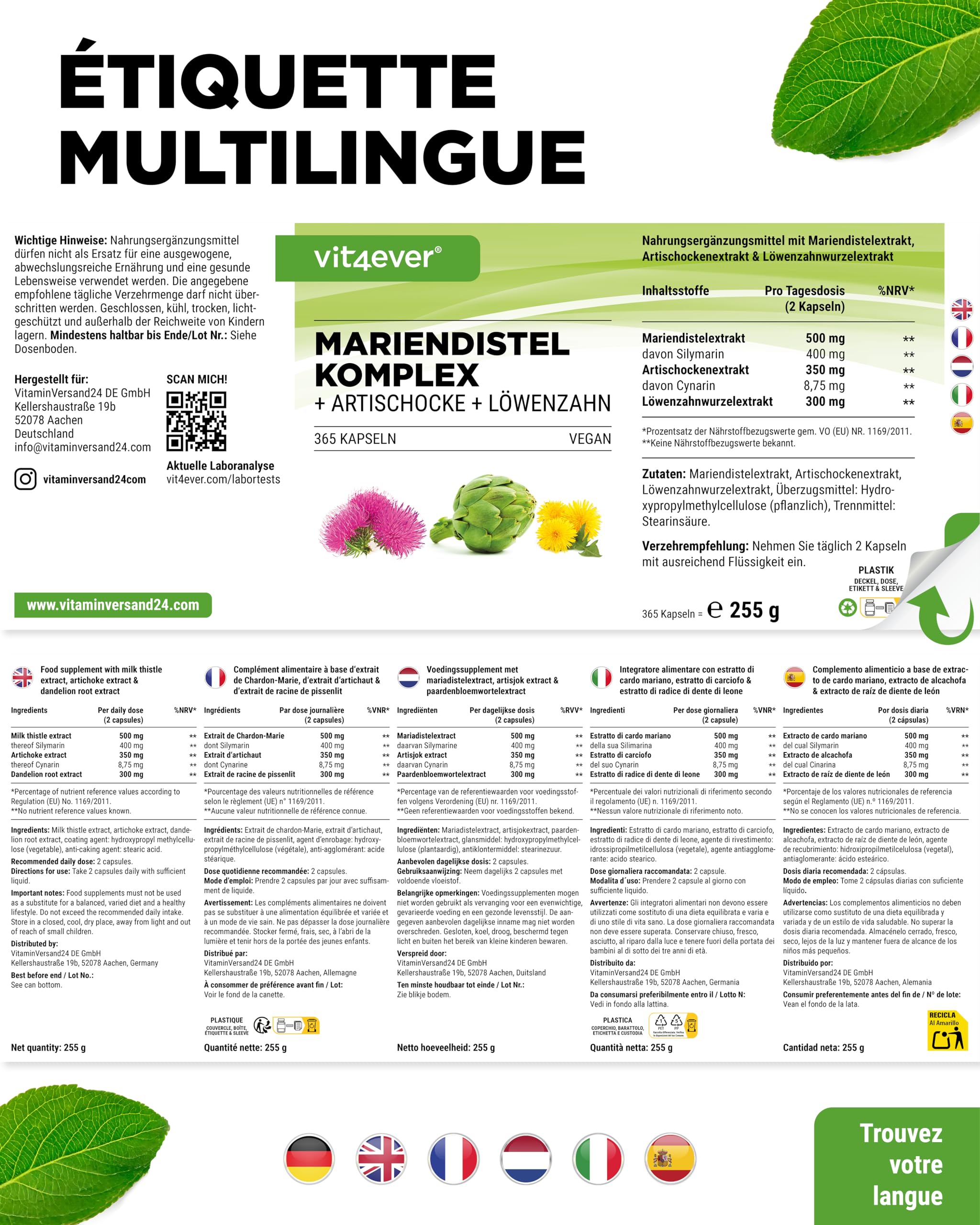 Chardon-Marie Artichaut Pissenlit Complexe - 365 capsules (6 Mois d'Approvisionnement) - Hautement Dosé avec 80% de Silymarine & 2,5% de Cynarine - Vegan
