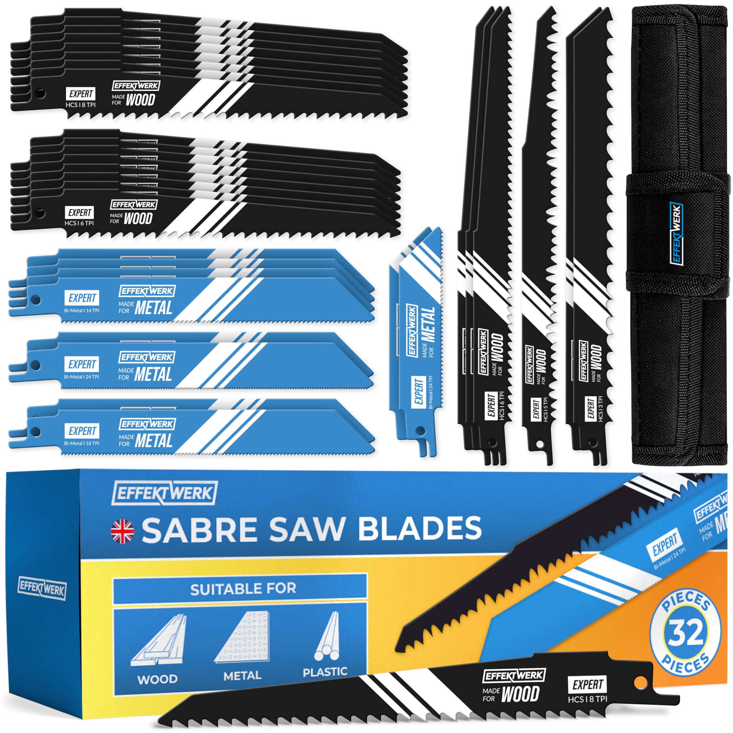 Reciprocating Saw Blades (32 Pieces) w/Storage Case, Carbide Steel Replacement Saw Blade Set for Tree Pruning, HCS & Bi-Metal Sabre Saws for Wood, Metal & Plastic