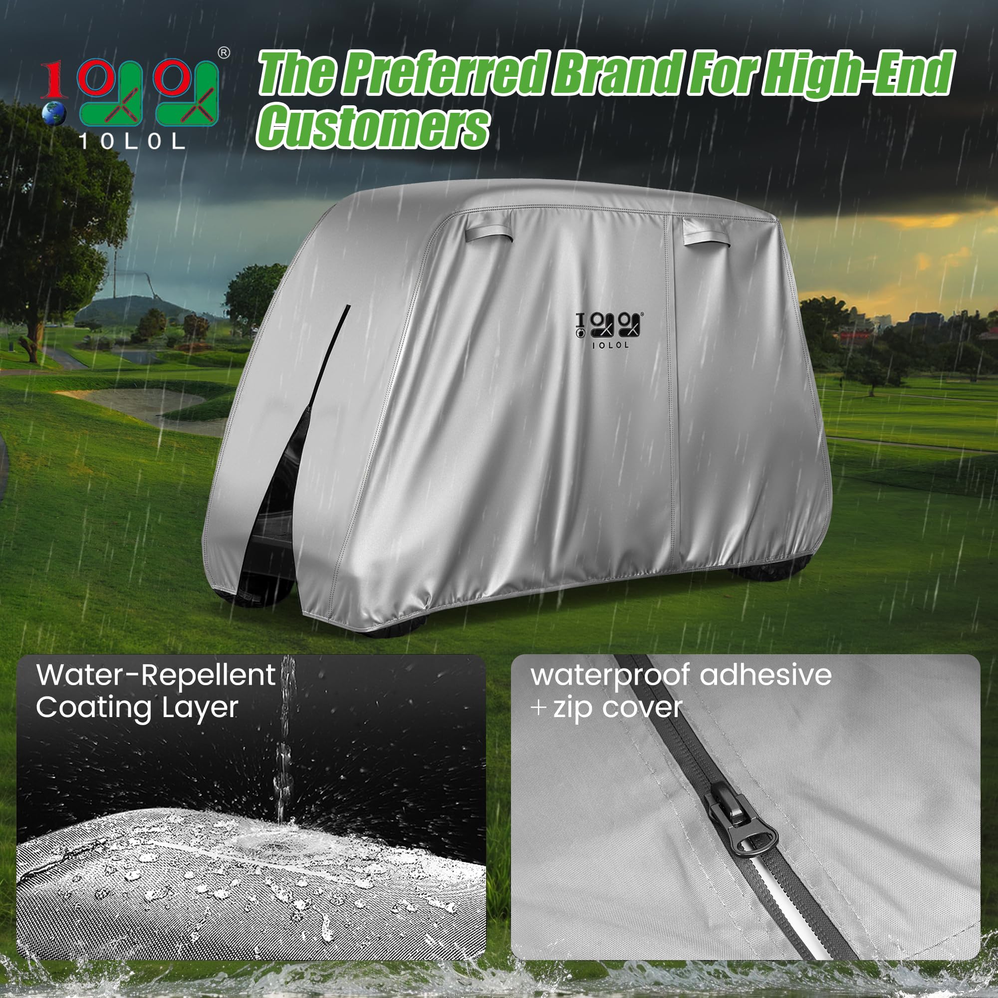 10L0L Funda para carrito de golf de 2/4/4 + 2 pasajeros para Yamaha EZGO Club, 420D, impermeable, duradera, de poliéster, con tres puertas de cremallera, resistente al viento y al sol, color plateado