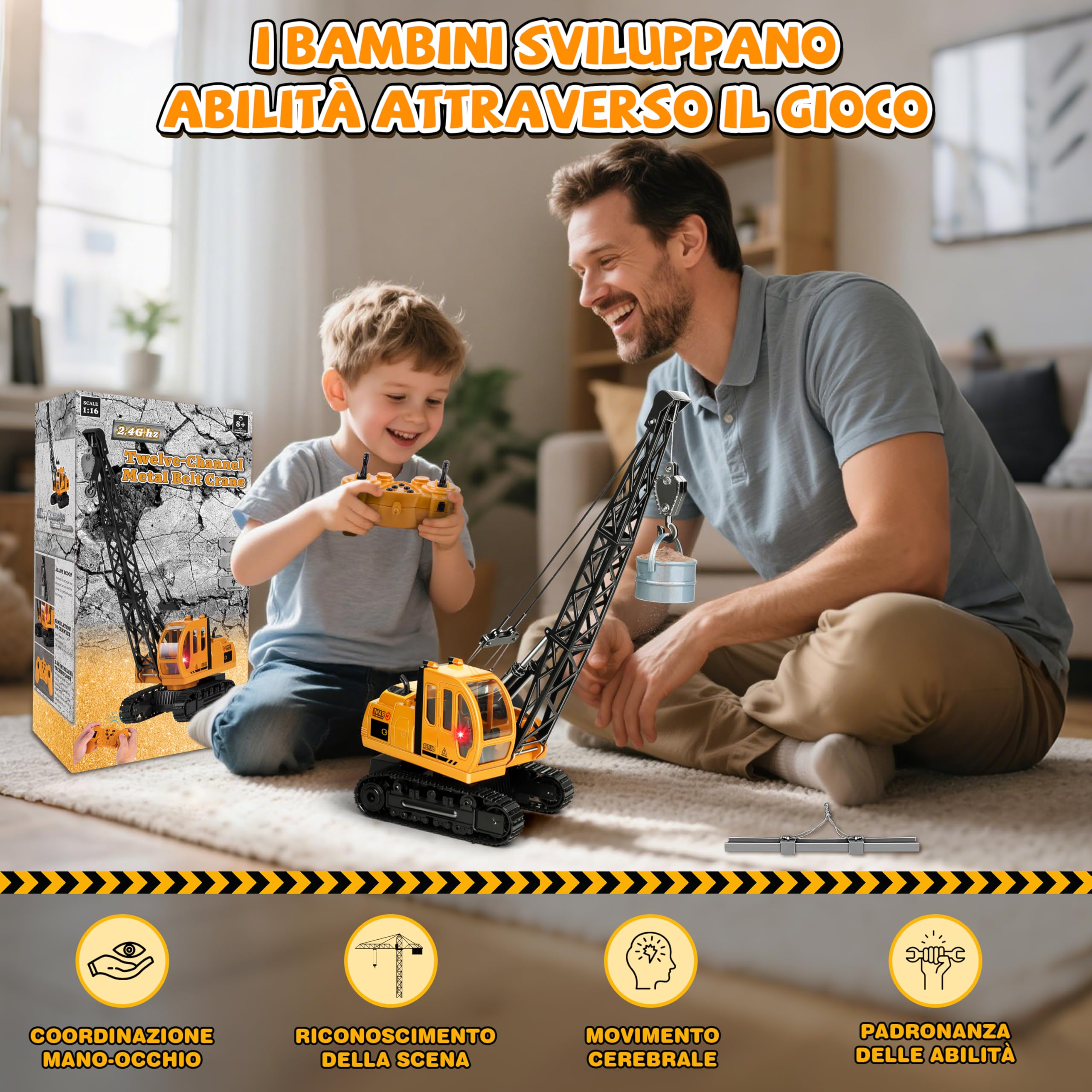 Joellfuner 1:14 Grue Gru Giocattolo per Bambinis, 2,4G Gru Telecomandata avec Lumières et Sons, Grande Grue RC con 2 Utensili, Cadeau pour Garçons de 3 à 12 Ans (Extra Grande)