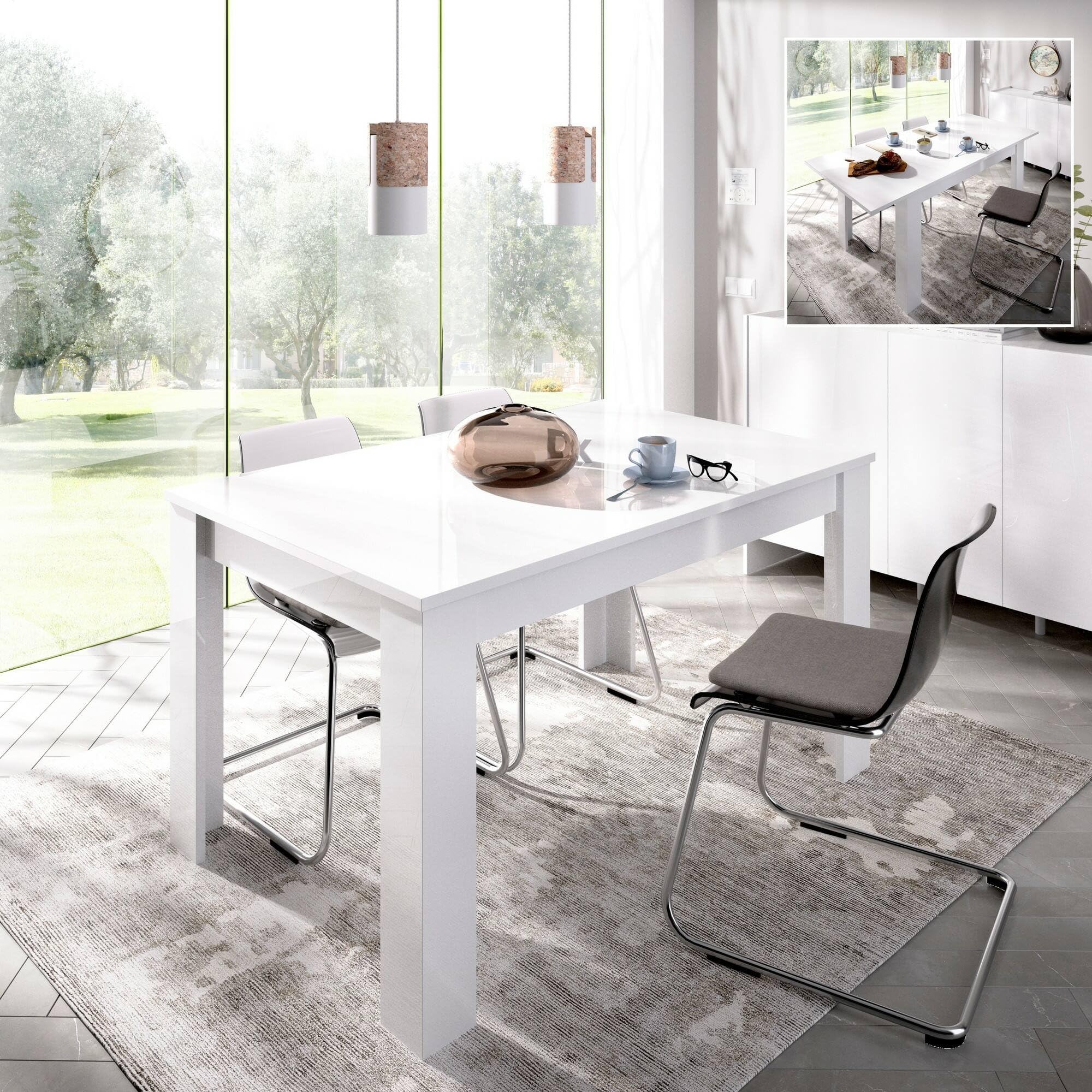 Dmora - Tavolo allungabile Caladora, Consolle con allunghe, Tavolo da pranzo multiuso, Ripiano estensibile da cucina, 190x90 h77 cm, Bianco lucido