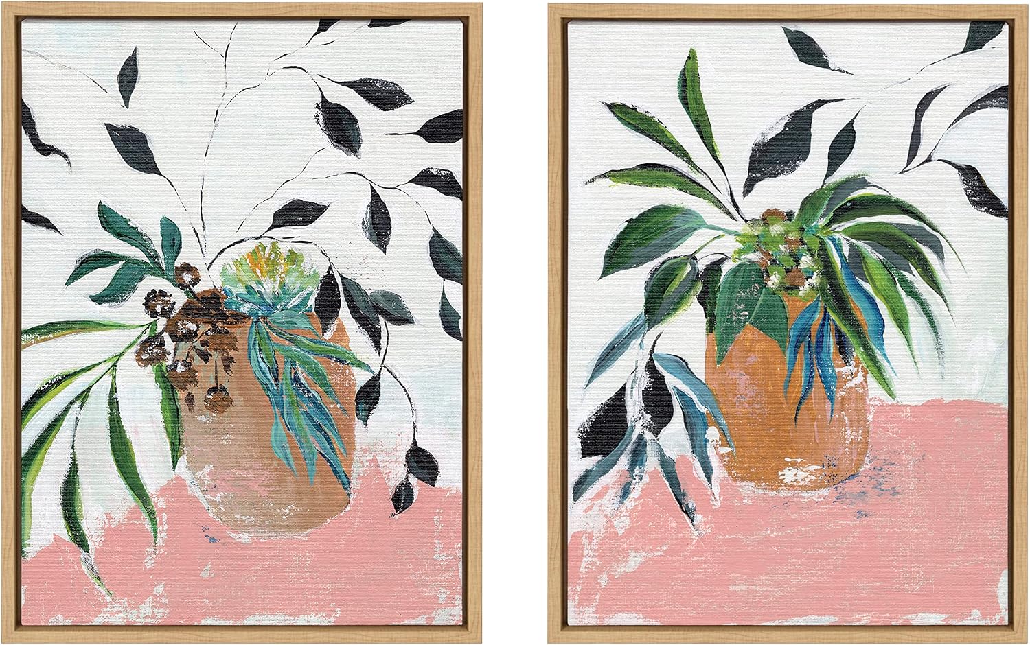 Kate and Laurel Sylvie Wild Foliage l and II Framed Canvas Wall Art Set by Nikita Jariwala; 2 Piece Set 18x24 Natural; Modern Painted Greenery Bouquet Art for Wall