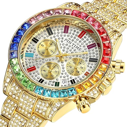 Miniatura 2 de Gosasa Lujo Bling-ed Out Esfera Colorida Diamante Completo Hip Hop Rocks Relojes Moda Cuarzo Analógico Acero Inoxidable Pulsera Reloj (Dorado), Oro,