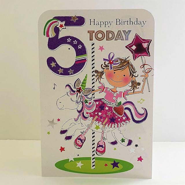 Jonny Javelin Girl Age 5 Birthday Card - Unicorn