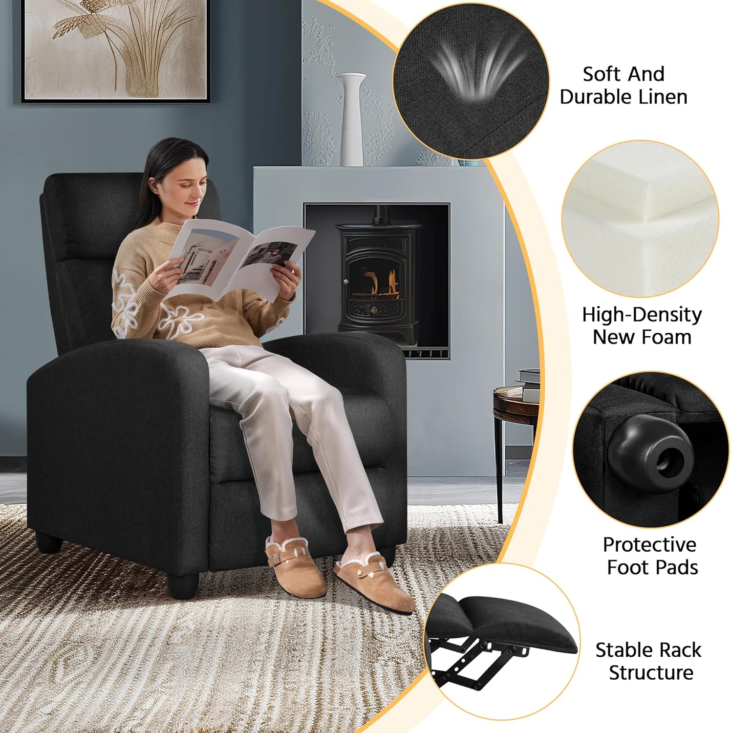 Yaheetech Fabric Recliner Chair with Lumbar Support High-Density Foam, Home Theater Seating Push Back Armchair with Pocket Springs for Living Room, Bedroom, Black