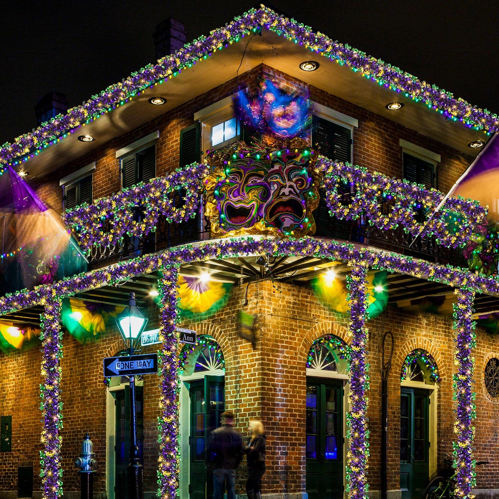Dingion Ghirlanda di Mardi Gras con 120 luci a LED decorazioni per albero di Mardi Gras metallizzato lucido Mardi Gras Ghirlanda Ornamento per feste di Carnevale Decorazioni per interni ed esterni