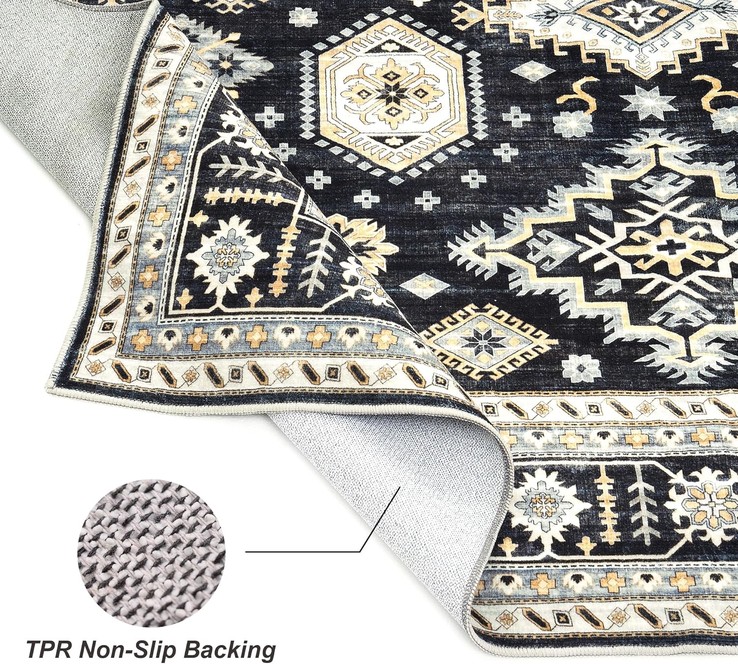 Valenrug Black Area Rugs 8x10 - Machine Washable Rugs for Living Room, Anti Slip 8x10 Area Rug, Stain Resistant Black Bedroom Rug
