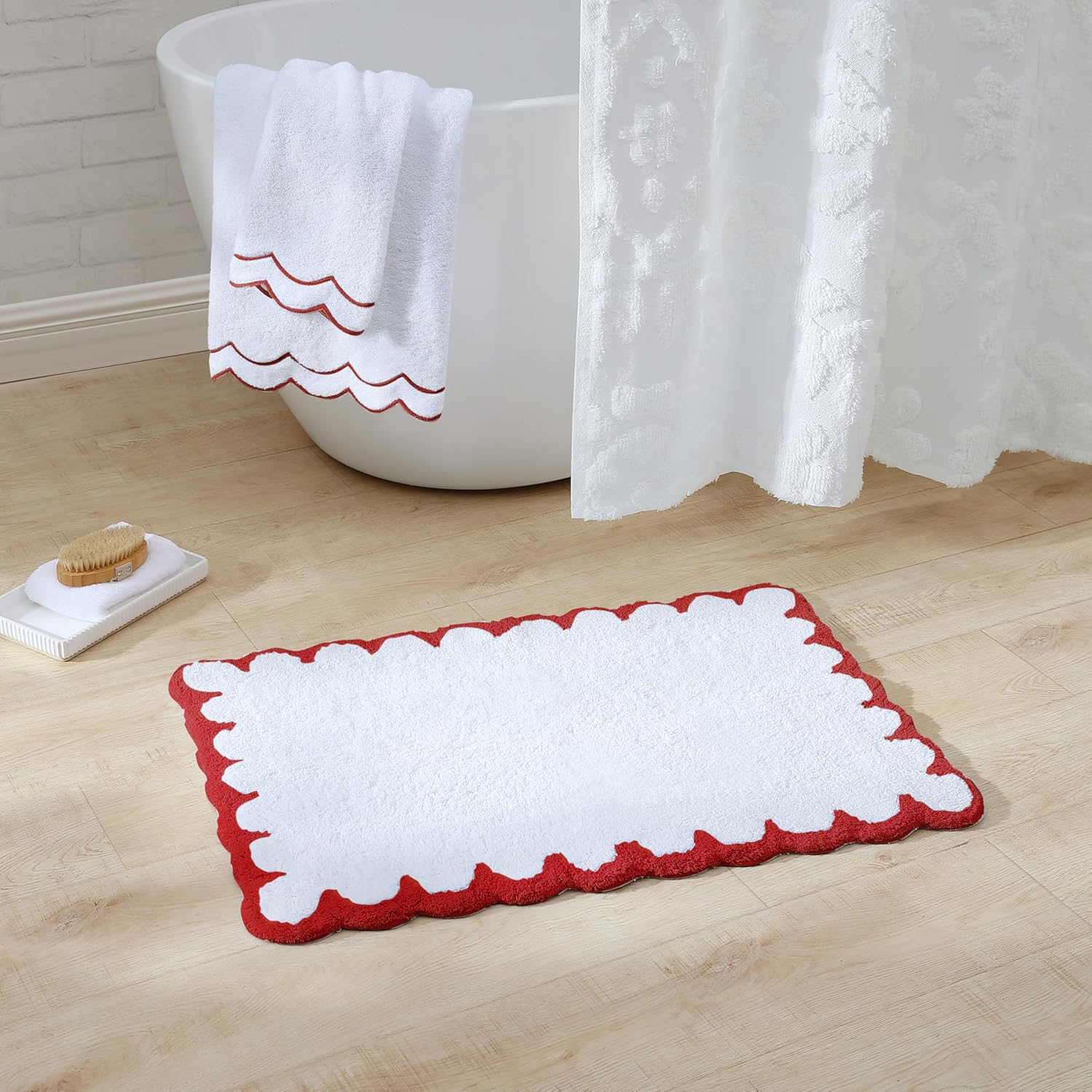 Peri Home Scalloped Bath Rug - Soft & Absorbent 100% Cotton Tufted Bath Mat, 20" x 30", White with Chili Red Scallop