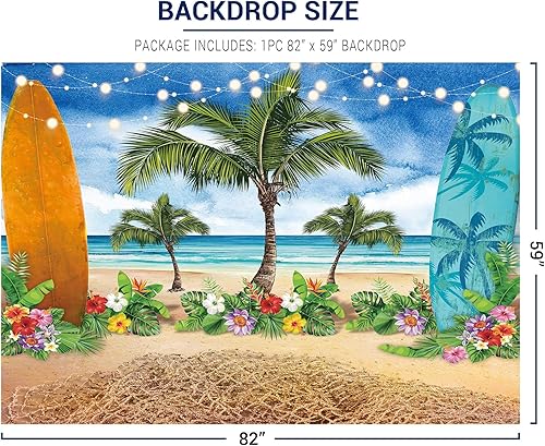 Vista 3 de Allenjoy Fondo de fotografía de verano para playa, océano, cielo azul, tabla de surf, palmeras tropicales, Luau para niños y niñas, decoración