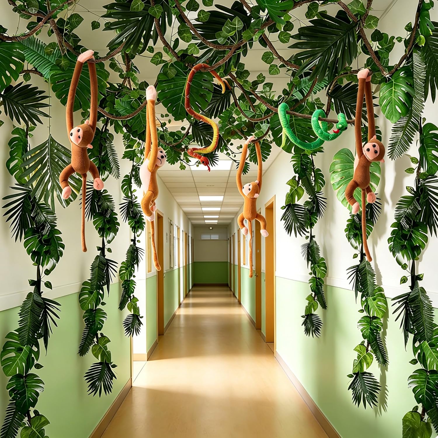 Fovths 30 Pieces Jungle Theme Party Decorations Tropical Rainforest Leaves with Stuffed Hanging Monkeys Plush Snakes 13 ft Pothos Vines 20 ft Artificial Rattans for Indoor Outdoor Forest Garden Party