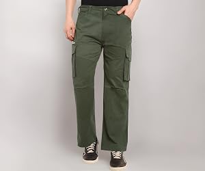 NEULKNOT Men's Cotton Blend Cargo Track Pants | Stretchable Multi Pocket Trousers | Relaxed Fit Gym Training Bottom | Outdoor Travel Streetwear Utility Cargo Pant with Button Closure (Olive Green, 36)