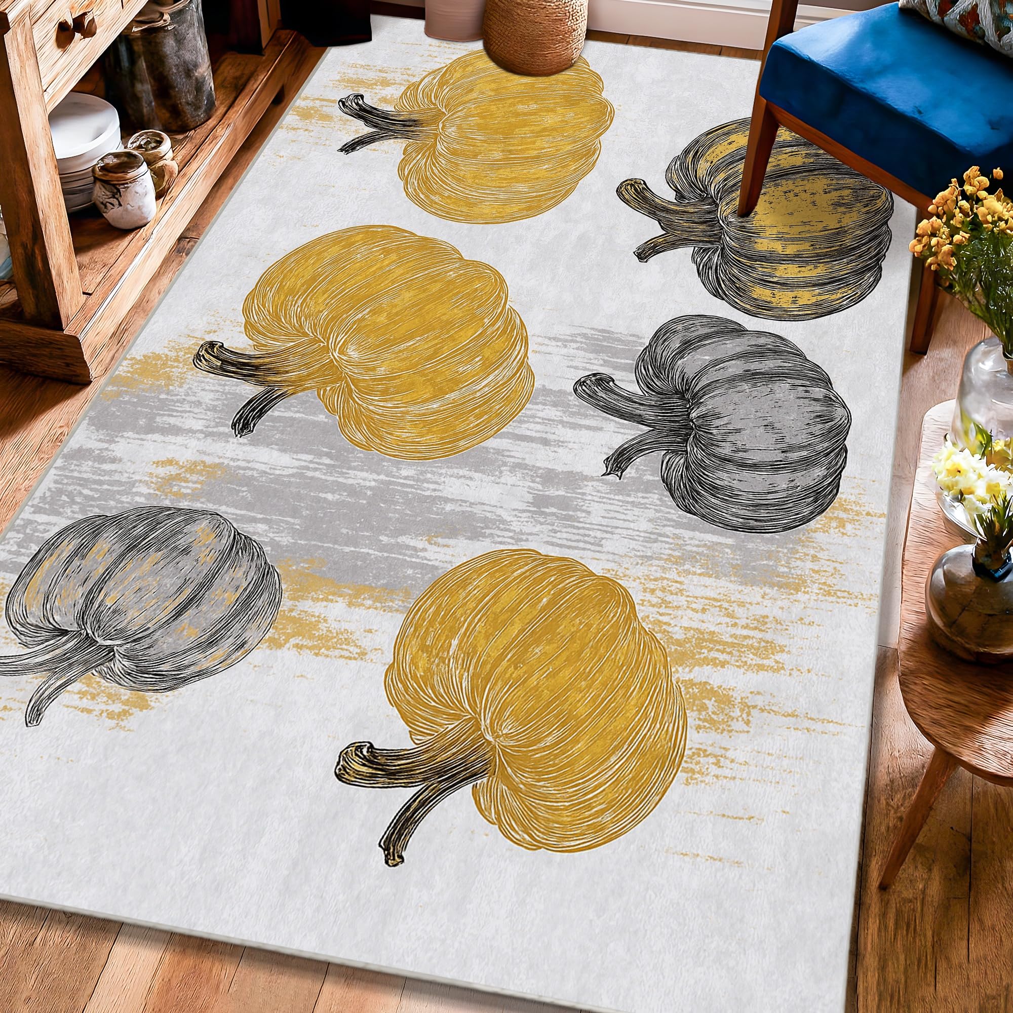 Tapis citrouille à poils courts 1,2x1,8m jaune automne pour chambre et salon