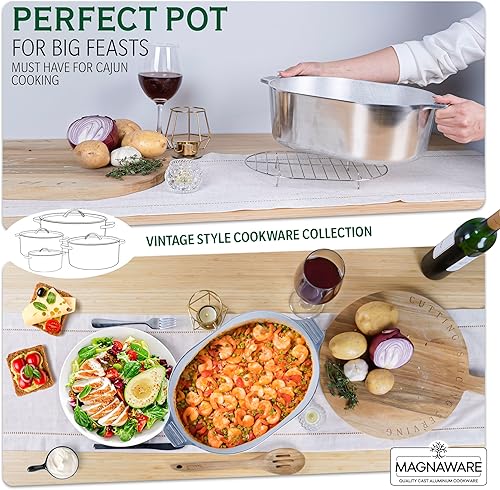 Miniatura 6 de Magnaware Horno holandés de aluminio fundido, 8 cuartos de galón, olla ovalada con tapa para familias y fiestas, utensilios de cocina cajún ligeros