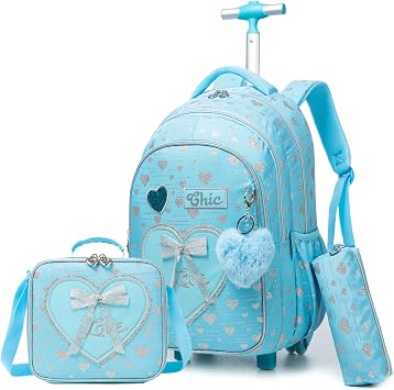 Cute Rolling Backpack for Girls Kids Backpack with Wheels for Travel Kids Backpacks for Girls with Lunchbox School Backpack for Kids Elementary Student Schoolbag, Blue 01