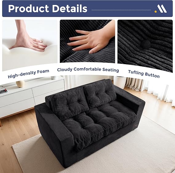 MAXYOYO Loveseat Sofa Couch, Upholstered Bean Bag Chair Cloud Seat for Adults, Boneless Couch with Cushion & Pillows, Sofa in A Box, No Assembly Required, Corded Black, 2-Seat
