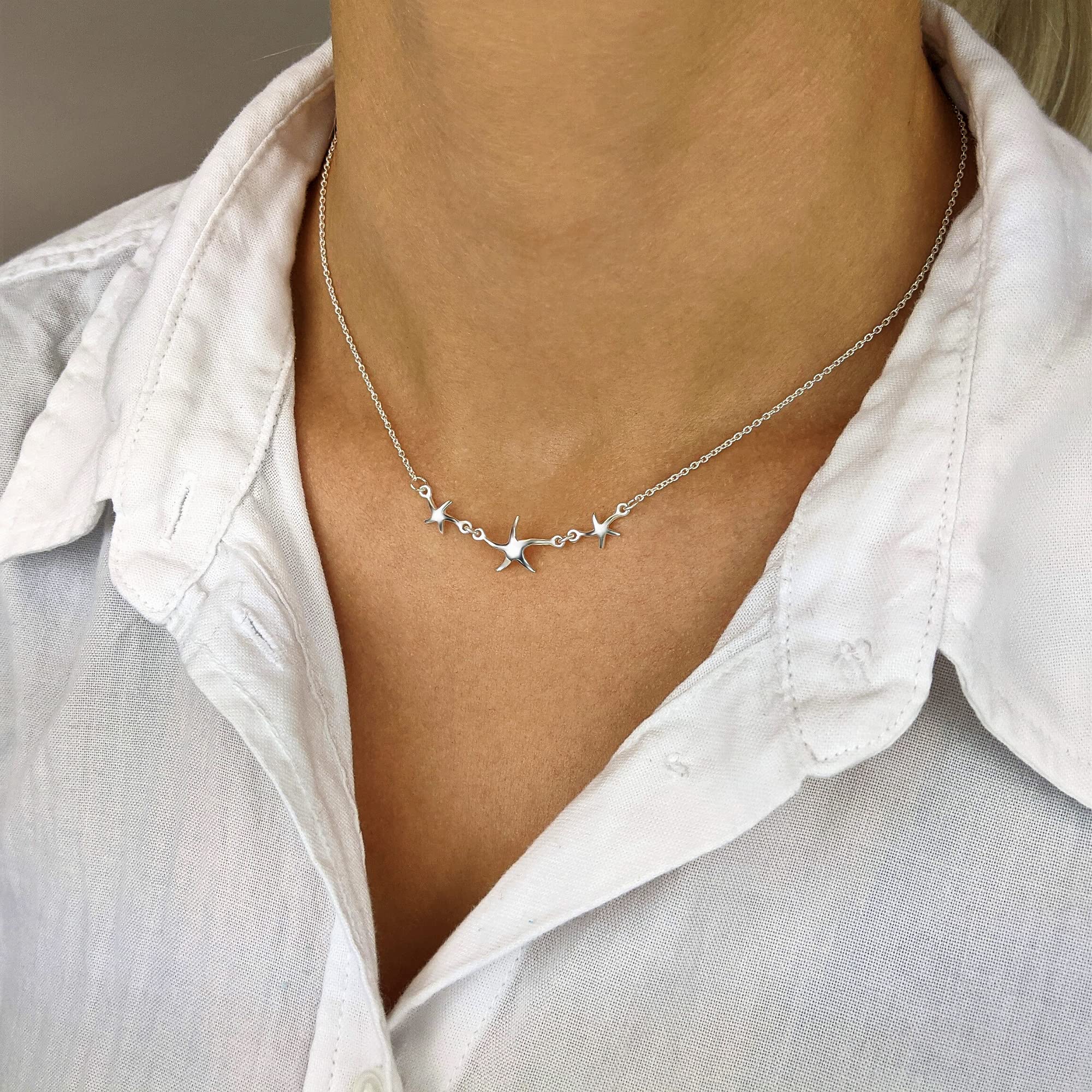 Silverly Collar Triple Estrella Mar Plata Esterlina Mujer | Charms Estrella Plata 925 Cadena Tipo Cable | Collares Sirena Vida Marina Mujer | Elegantes Joyas Inspiradas Océano