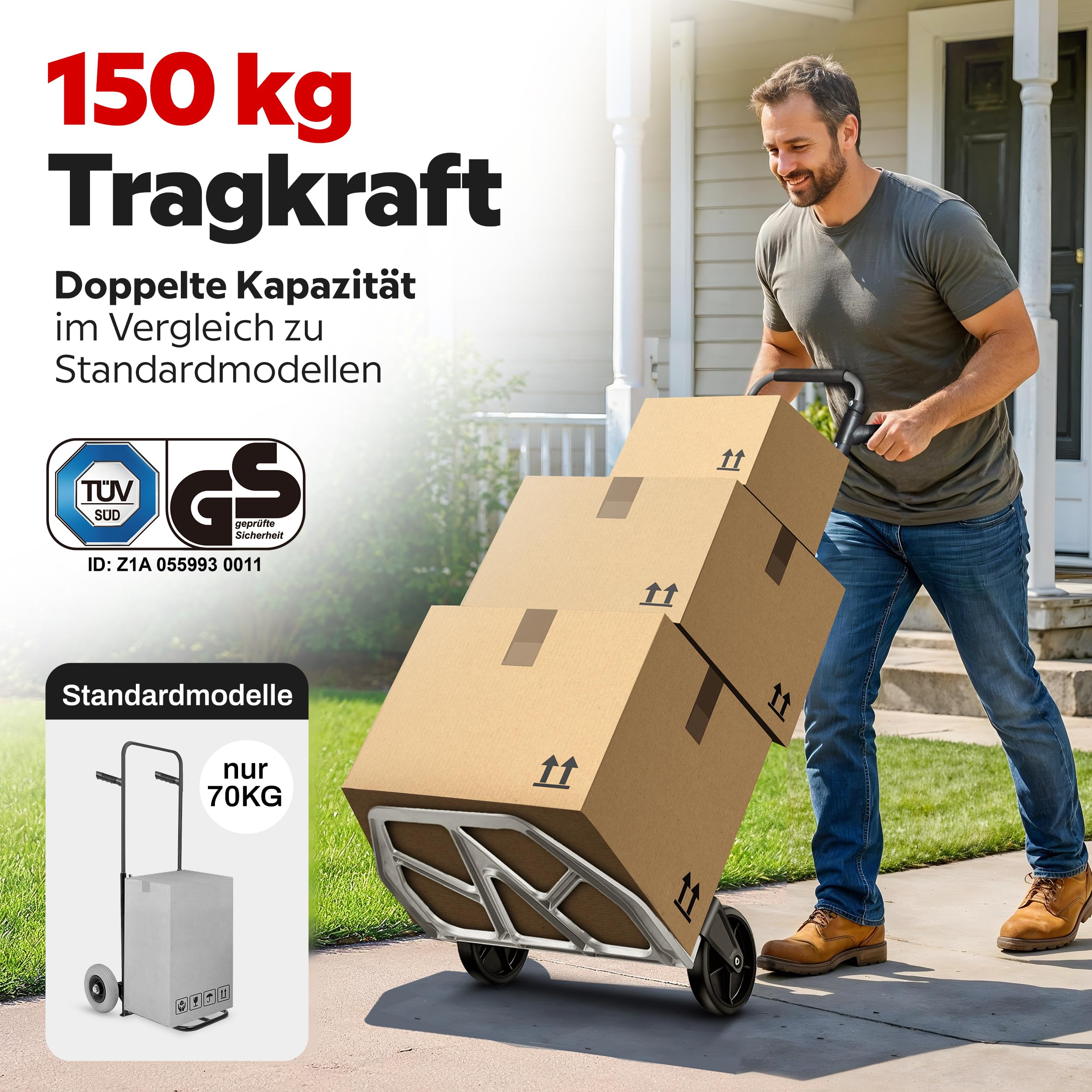 ONBEST Sackkarre klappbar 150 kg – Geprüfte Qualität, Vollgummireifen, 110 cm Griff, große Ladefläche – Faltbare Transportkarre/Trolley mit Rollen inkl. 150 cm Gurt – Umzugshelfer & Transporthilfe