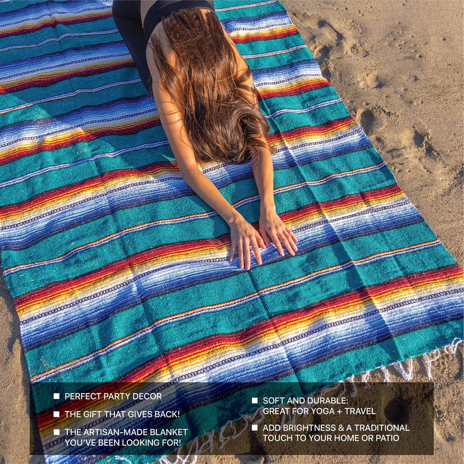 Hands-on view of Benevolence LA Mexican Blanket, Authentic Handwoven Yoga Blanket & Outdoor Blanket, Made by Traditional Mexican Artisans, Saddle Blanket, Beach Blanket, Picnic Blanket, & Car Blanket 75 x 52 - Agua displaying organic quality materials