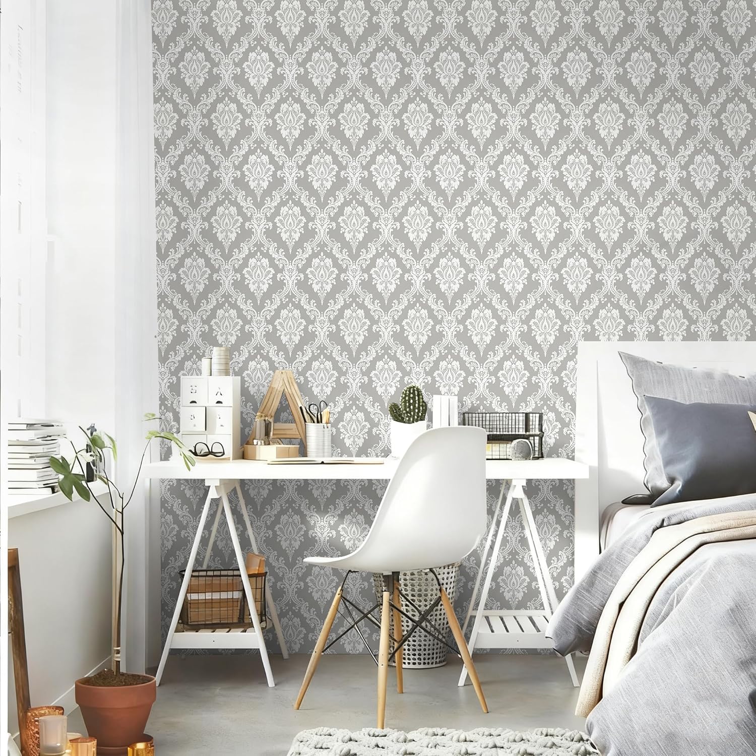 Peel and Stick Wallpaper Grey and White Damask Wallpaper for Bedroom Bathroom Grey Peel and Stick Wall Paper Removable Self-Adhesive Contact Paper Room Wall Decor Vinyl Textured 17.7" x 394"
