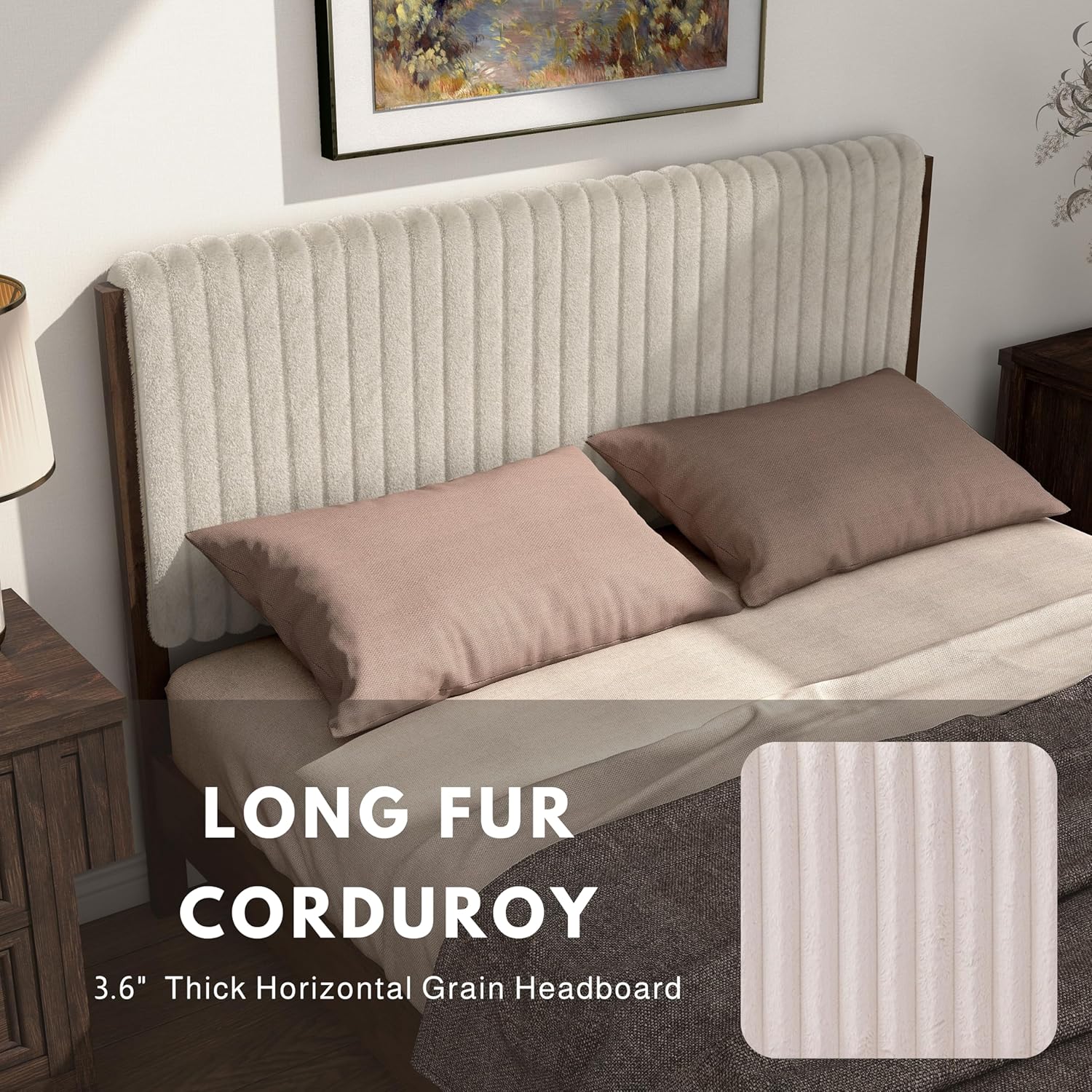 Homes: Inside + Out Evadne Modern Corduroy Queen Platform Bed Frame with Vertical Channel Tufted Headboard and Solid Wood Slats for Bedroom, Guest Room, No Box Spring Needed, Light Brown/Dark Walnut