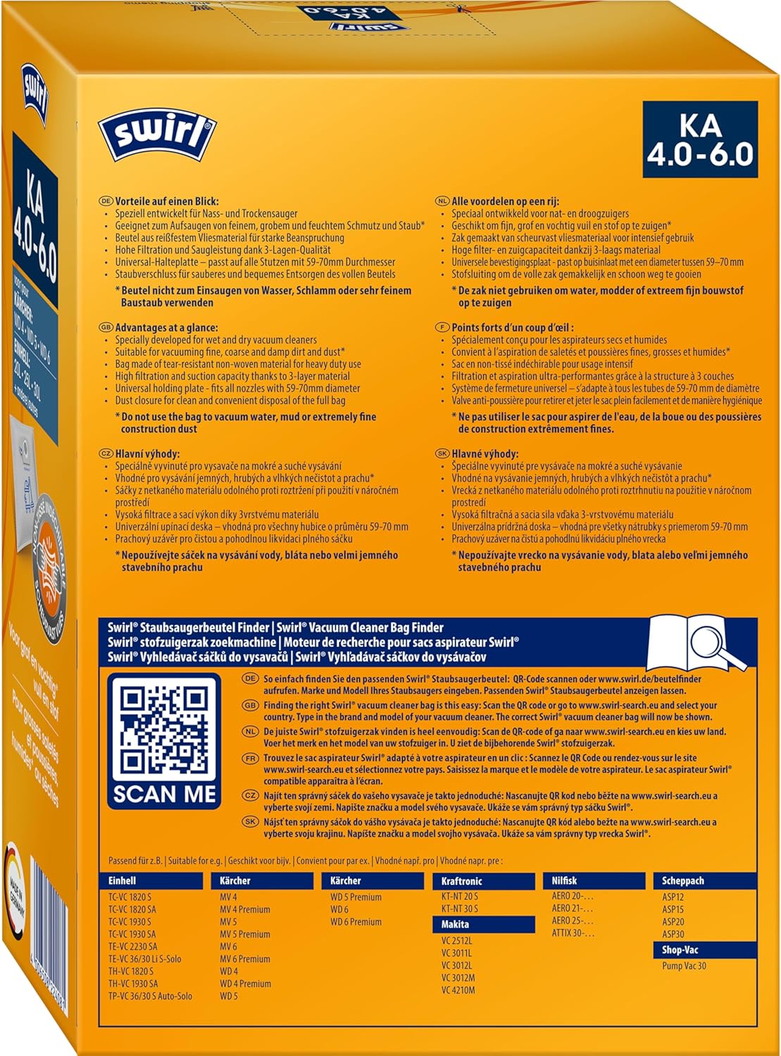 Swirl KÄ 4-6 Vacuum Cleaner Bags for Kärcher WD 4, WD 5, WD 6 and Einhell Wet/Dry Vacuum Cleaners