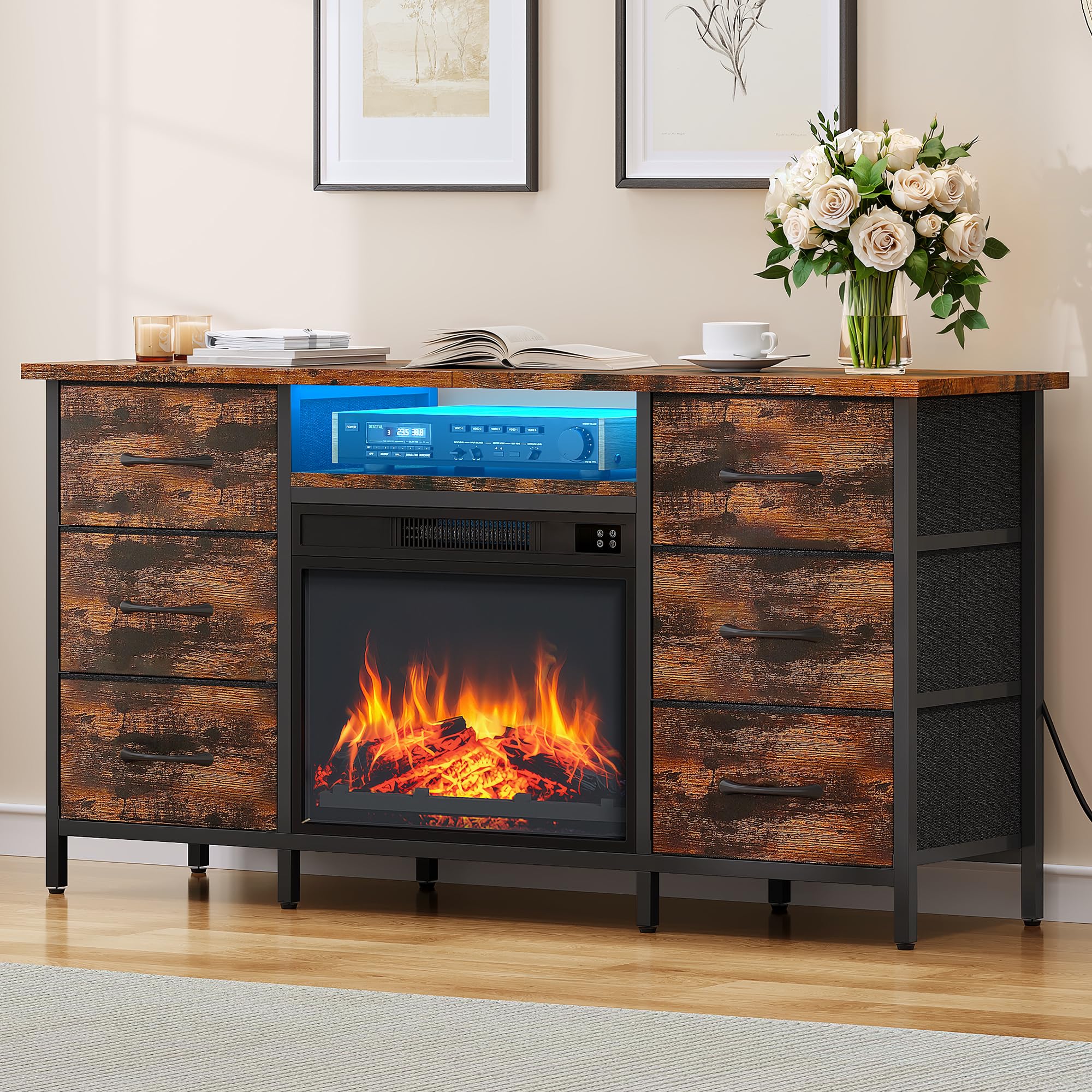 YITAHOME Mueble de TV con Chimenea Electrica, Cajones y LED para Televisiones 45-55", Marron