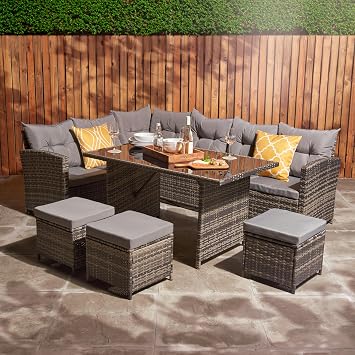 Home Treats 9 Seater Rattan Garden Furniture Set | L Shape Outdoor Patio Dining Set With Corner Sofa, Table, Stools & Grey Cushions