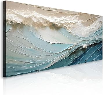 TAILORED CANVASES Beige Minimalist Ocean Wave Painting Coastal Seascape Accent for Living Room Modern Nautical Canvas Art Abstract Wall Decor Neutral Theme Contemporary Home Style Aesthetic 10x20