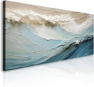 TAILORED CANVASES Beige Minimalist Ocean Wave Painting Coastal Seascape Accent for Living Room Modern Nautical Canvas Art Abstract Wall Decor Neutral Theme Contemporary Home Style Aesthetic 48x24